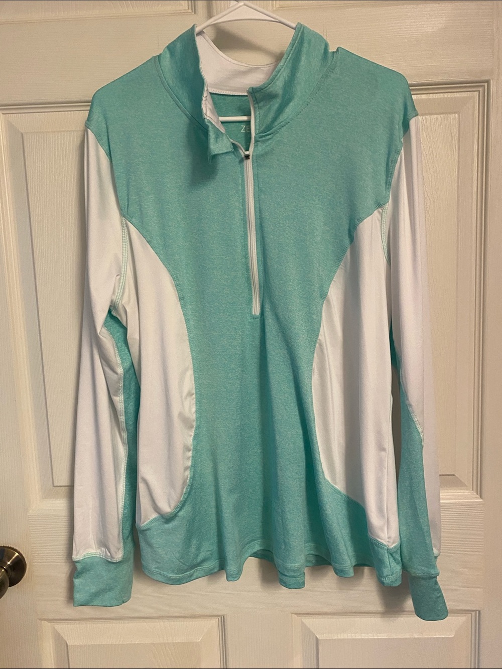 Aqua and White Quarter-Zip Active Top